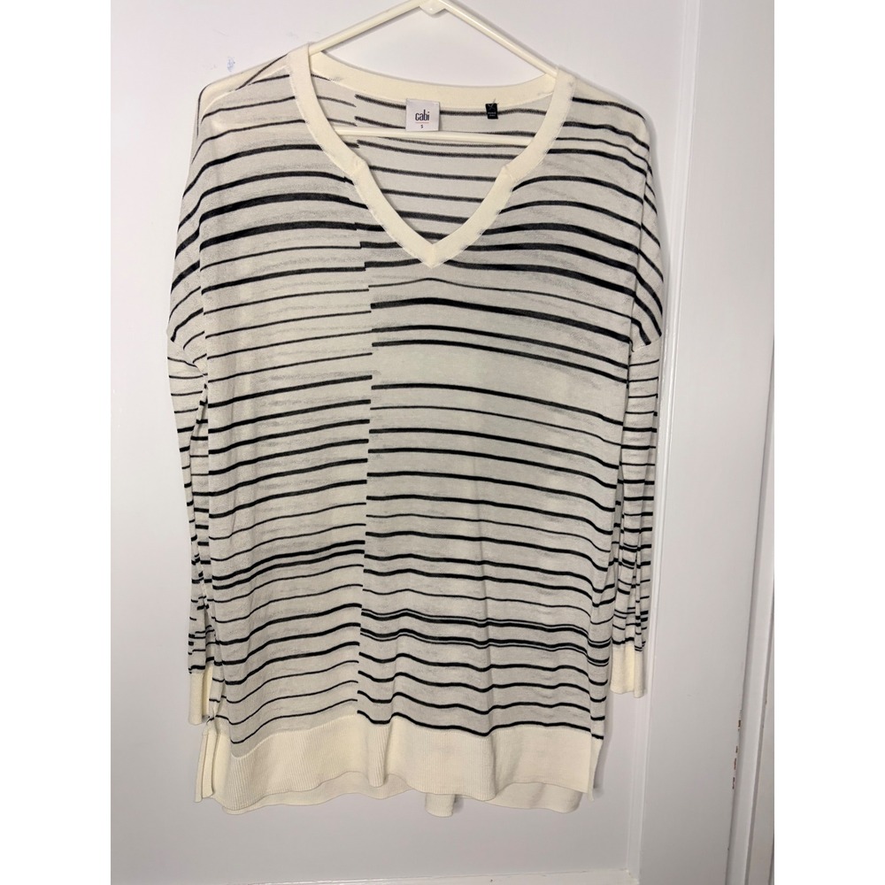 Cabi Stripe V-Neck Sweater 5590 White Black‎ Long Sleeve Lightweight Pullover S